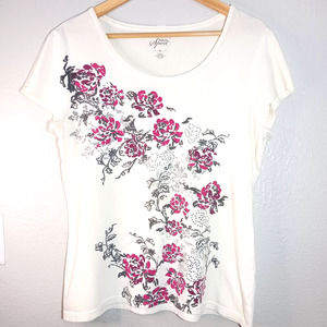 Style&Co Sports Casual 95% Cotton Floral Short Sleeve White Pink Size XL Blouse